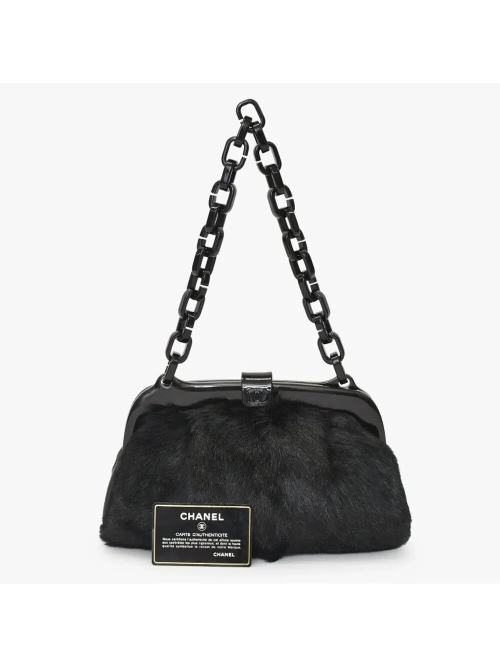 Chanel Plastic Chain Bag CC Logo Goat Fur Leather Black